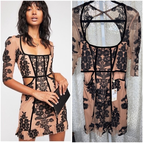 Free People For Love‎ &amp; Lemons Temecula Mini Dress Black Floral Embroidery-L NWT